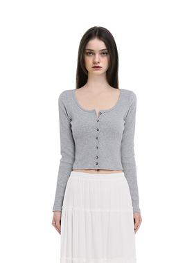 BM上衣T恤女2025秋冬新款长袖内穿外搭开衫圆领竖条针织紧身开衫