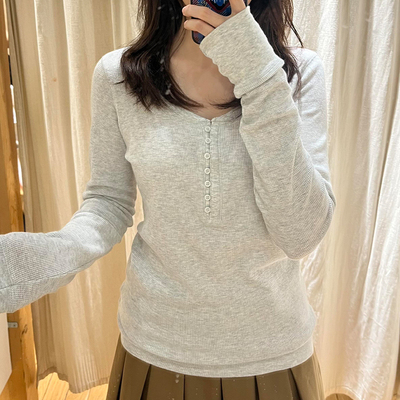 BM长袖女2025新款春秋华夫格内搭打底衫纯色百搭美式复古t恤上衣