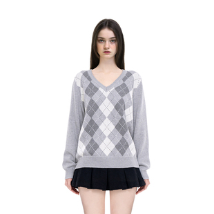 BM毛衣女秋冬2025新款 毛衣菱形格V领学院风毛衣 高级感超好看