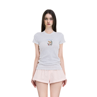 BM短袖女2026新款夏季圆领小鹿绣花刺绣修身显瘦百搭简约短款上衣