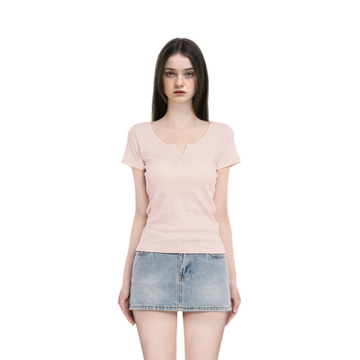 BM短袖女t恤2025新款粉色圆领正肩修身高级感超好看独特漂亮上衣