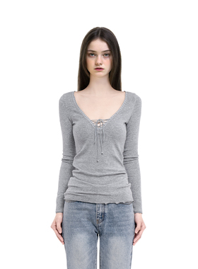 BM长袖女2025新款V领抽绳花边修身显瘦百搭纯欲风百搭打底衫上衣