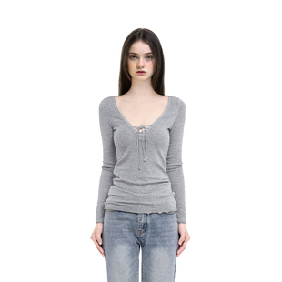 显瘦百搭纯欲风百搭打底衫 V领抽绳花边修身 上衣 女2025新款 BM长袖