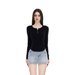 显高小个子薄款 BM针织三粒扣打底衫 修身 上衣黑色内搭长袖 女短款