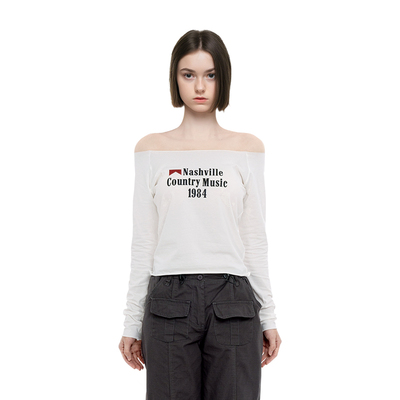 BM长袖女2025新款春秋美式复古字母印花一字肩性感纯欲风百搭上衣