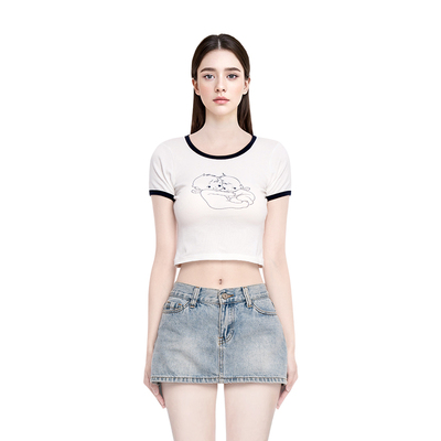 BM短袖女2025夏季新款拥抱天使T恤印花拼色圆领短款露脐百搭上衣