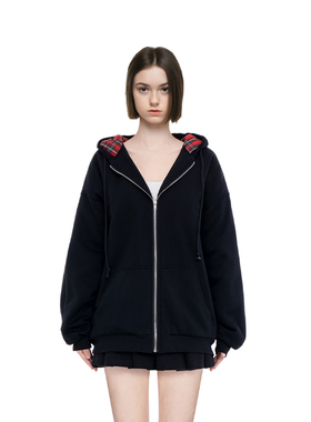 BM外套女2025新款早秋加绒加厚棉服红色内格连帽冬季开衫卫衣外套