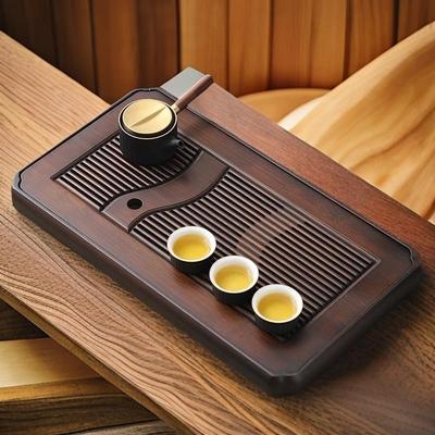 复古竹制胡桃色储排两用优逸茶盘家用简约长方形茶台茶海茶道配件