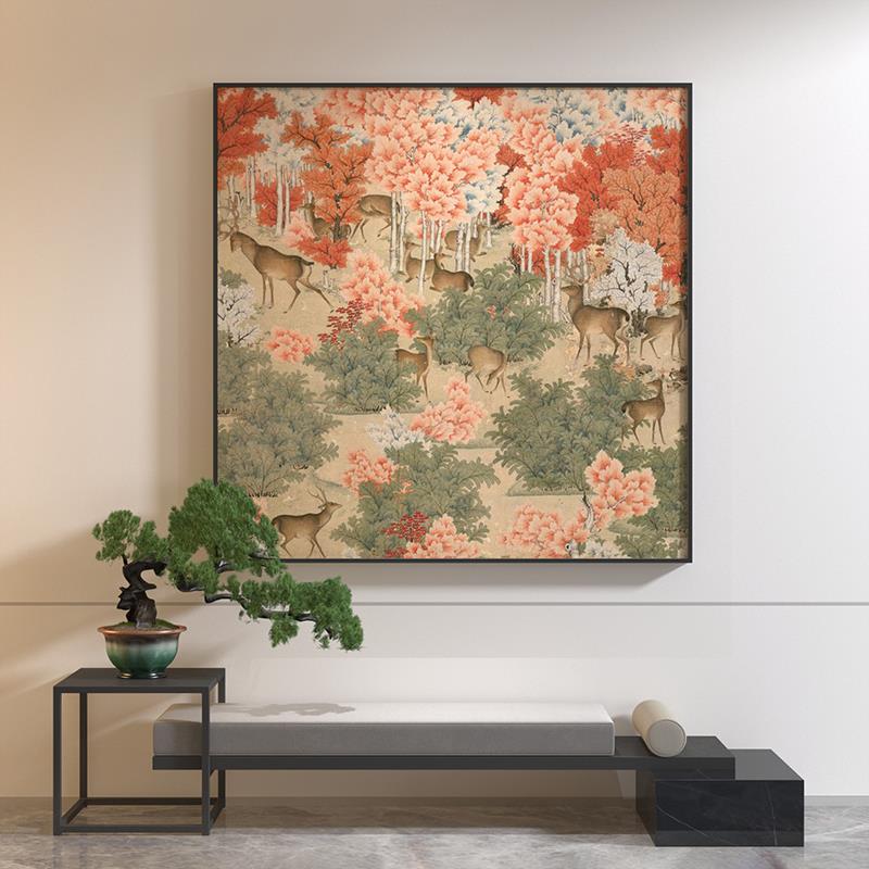 丹枫呦鹿图日式和风花卉装饰画日本民宿居酒屋挂画茶室小鹿壁画图片