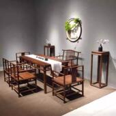 新中式 实木茶桌北方老榆木禅意家用阳台办公室茶台组合一桌五椅子