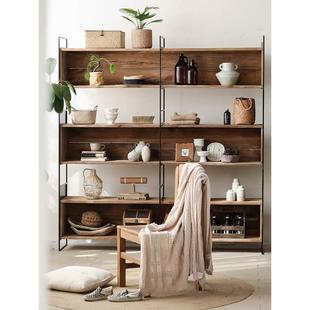 侘寂风大型铁艺实木展示柜老松木三格书柜复古原木落地靠墙书架