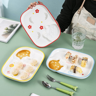 寿司小吃餐具 创意陶瓷饺子盘带醋碟釉下彩家用蒸水饺分格盘子日式