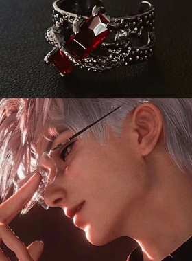 秦彻戒指恋与深空新款黑红保石轻奢高级朋克复古男女同款开口戒指