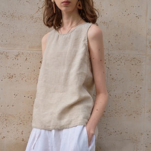 高端纯亚麻无袖背心女25夏老钱风内搭上衣小众设计感圆领棉麻马甲