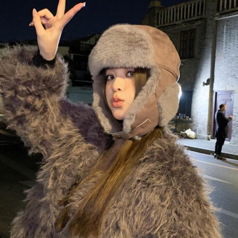 麂皮绒毛绒帽子女秋冬季显脸小护耳针织帽加厚骑车滑雪防寒雷锋帽