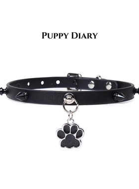 Puppy*真皮项圈女猫爪铆钉choker定制可刻字牛皮项圈男颈饰