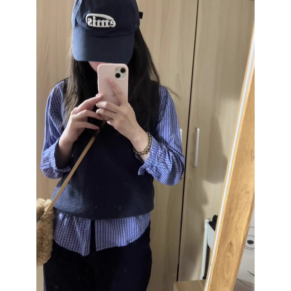 学院风套装女初春针织马甲背心蓝色长袖格子衬衫叠穿上衣两件套潮