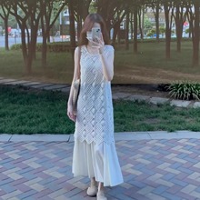 法式网格镂空背心连衣裙女夏季外搭叠穿中长款罩衫无袖上衣度假风