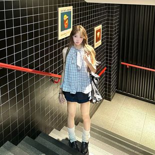 搭配裙裤 韩系套装 花边领上衣衬衫 女夏季 子一整套 独特漂亮格纹无袖
