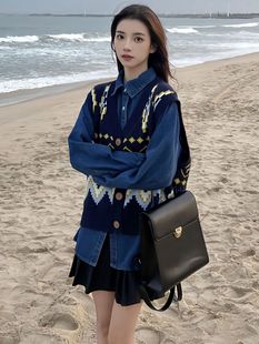 女早春新款 复古港风套装 牛仔衬衣搭配马甲半身裙一整套小个子chic