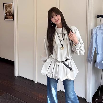 甜辣风白色收腰衬衫连衣裙女开春设计感小众韩系长袖短裙绝美裙子