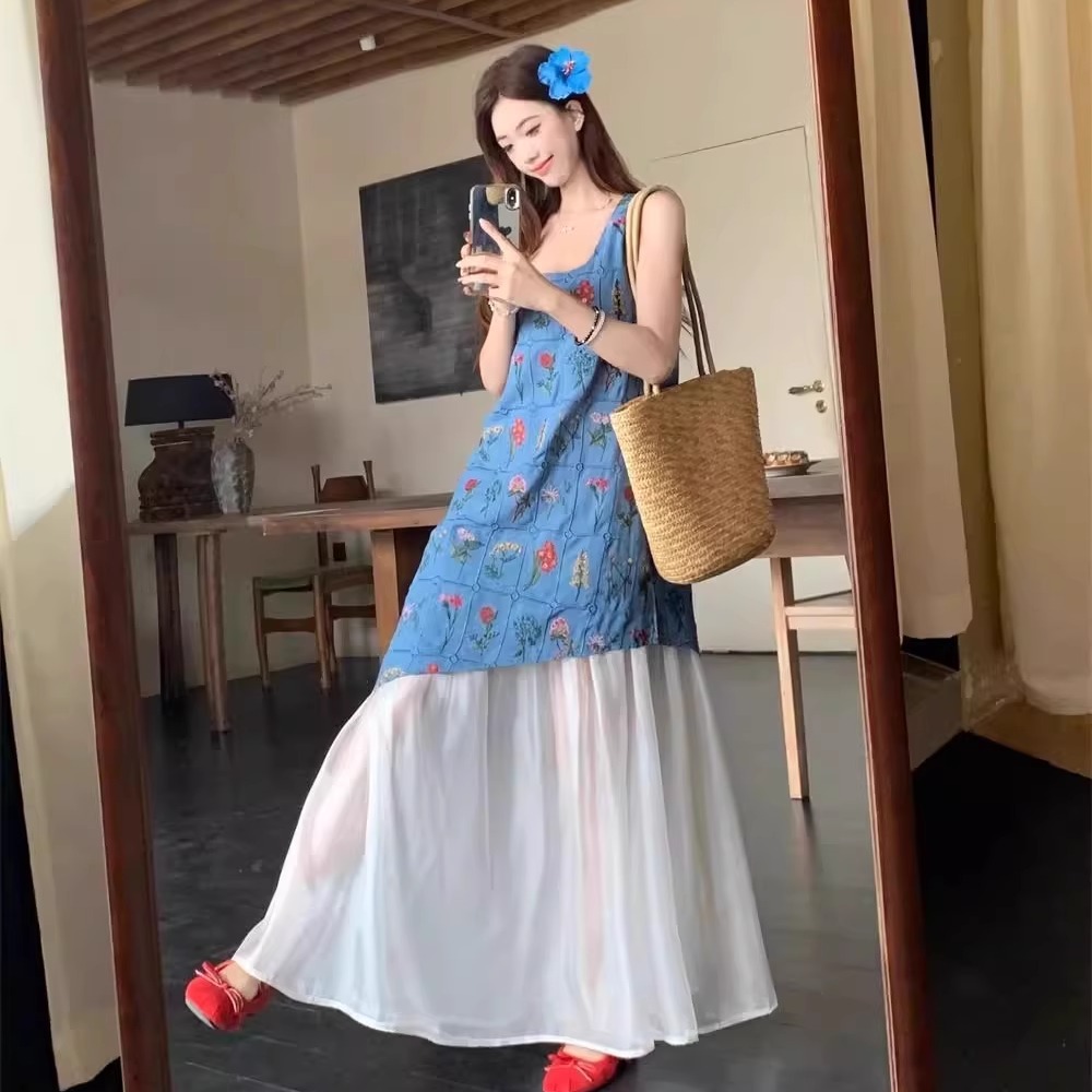 海边度假风假网纱拼接背心连衣裙夏季女甜美无袖花卉印花两件裙子