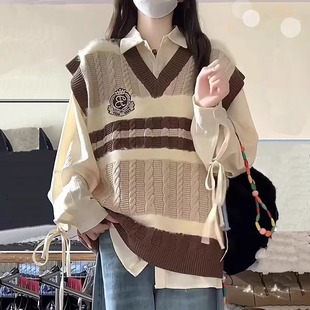2025超火套装 早春一整套韩系针织条纹马甲慵懒毛衣配衬衫 女学院风