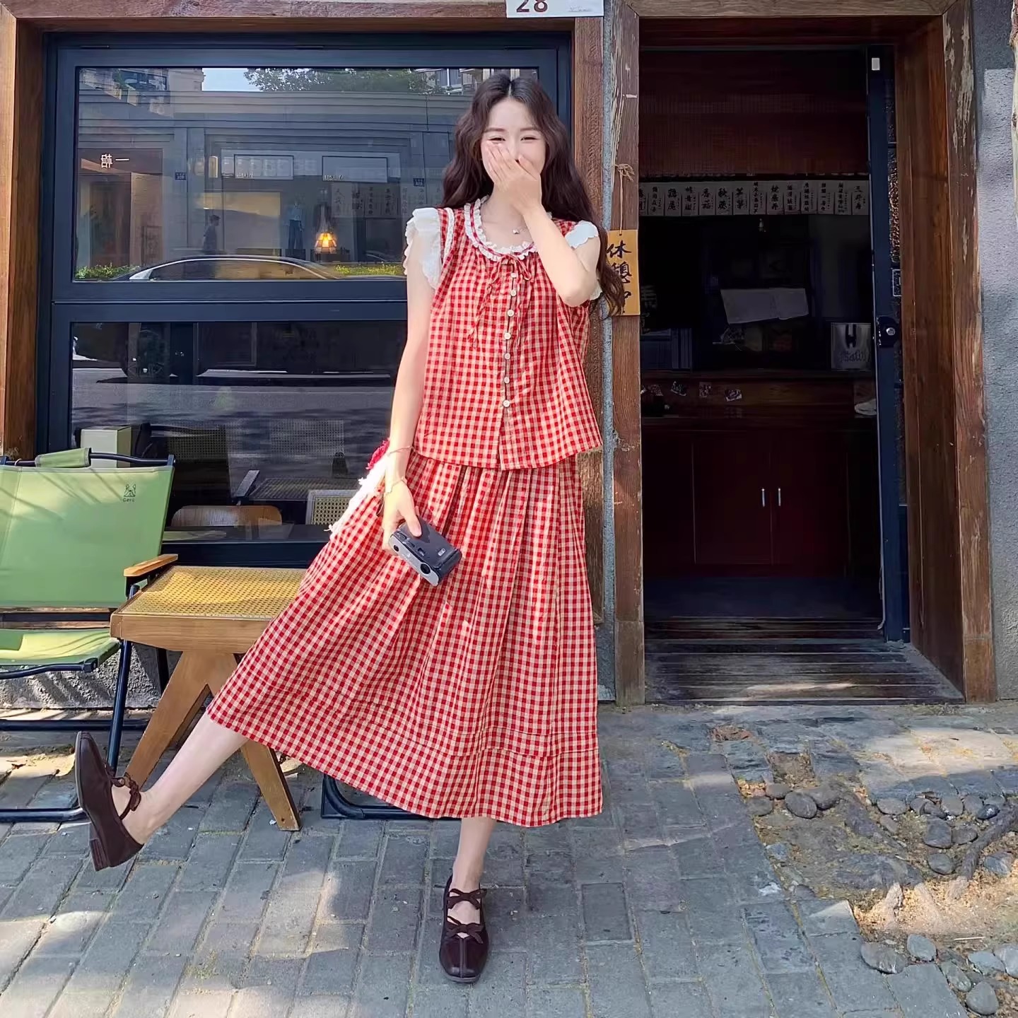 飞飞袖花边无袖上衣娃娃衫夏装搭配一整套红色格子半身裙子套装女