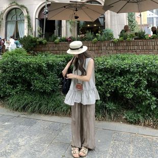 女独特 日杂风夏装 搭配一整套小众木耳边无袖 上衣休闲阔腿裤 子套装