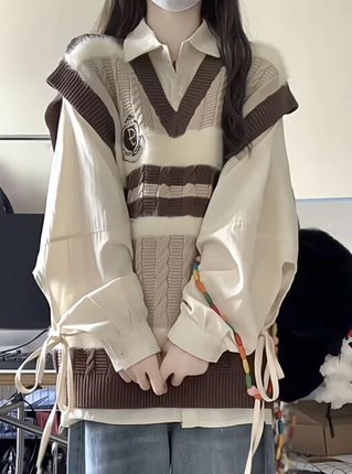 韩系学院风套装女春秋条纹针织衫马甲背心衬衫上衣今年流行两件套