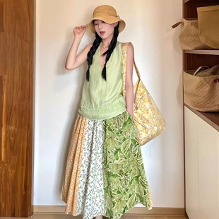 背心绿色撞色碎花裙两件套 温柔花边V领无袖 薄荷曼波套装 女夏新款