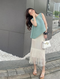 名媛高级套装 不规则上衣背心搭配流苏长裙一整套气质 裙女夏季 新款