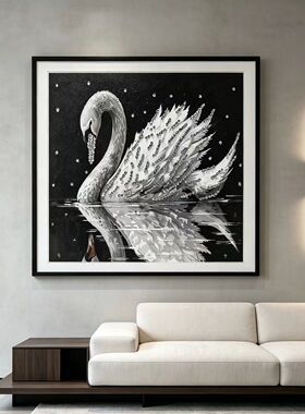 轻奢天鹅装饰画玄关客厅复古高级沙发黑白挂画背景墙艺术软装壁画