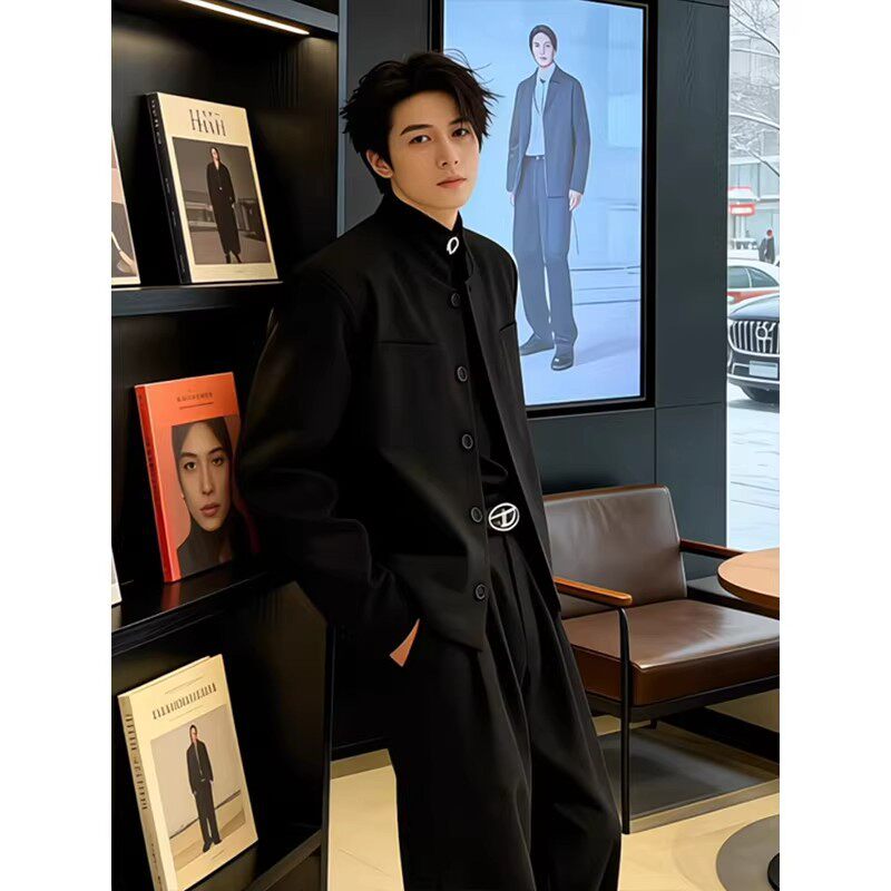 新中式垫肩短款西装外套男士春季高级感痞帅订婚礼服修身立领夹克