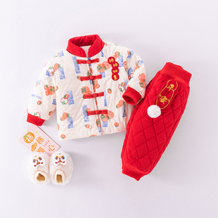 婴儿衣服冬季加绒国风两件套一岁男女宝宝过年喜庆拜年服分体套装