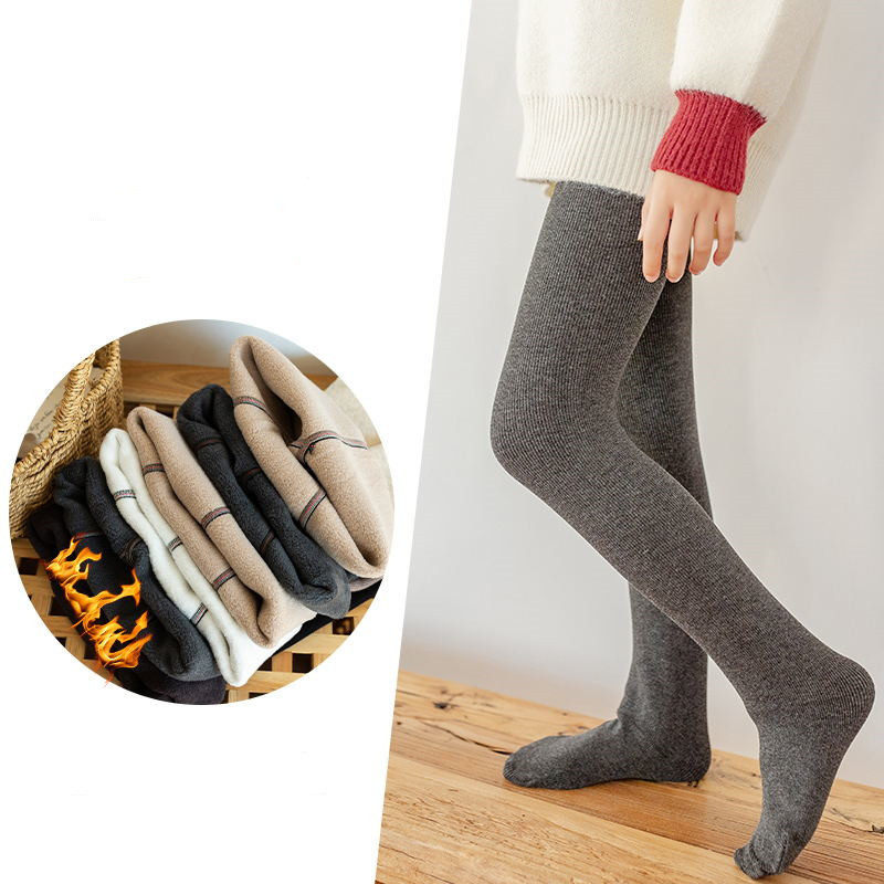 冬季加绒加厚女童打底裤连裤袜 V字腰西瓜档竖条羊羔绒一体保暖裤