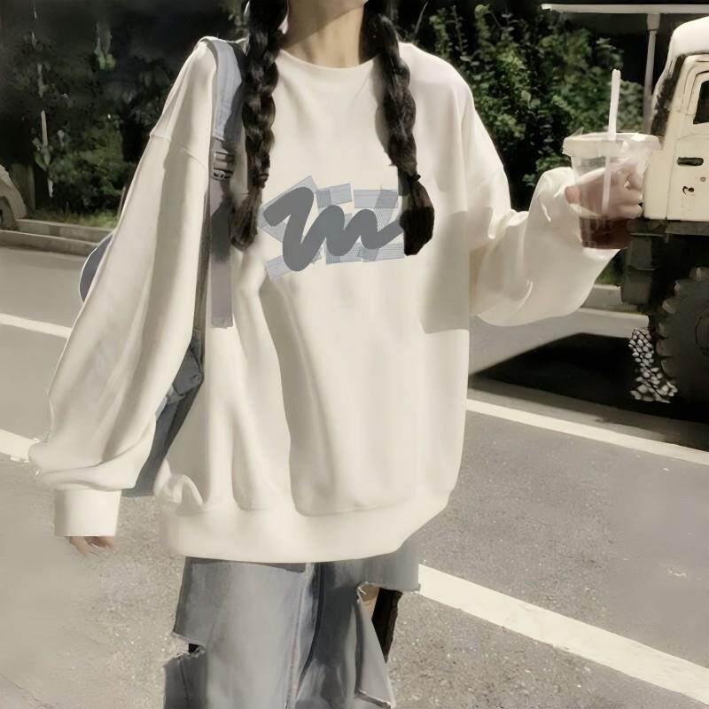 纯棉圆领厚棉T女大童春秋2025初中高中学生宽松加绒长袖无帽上衣