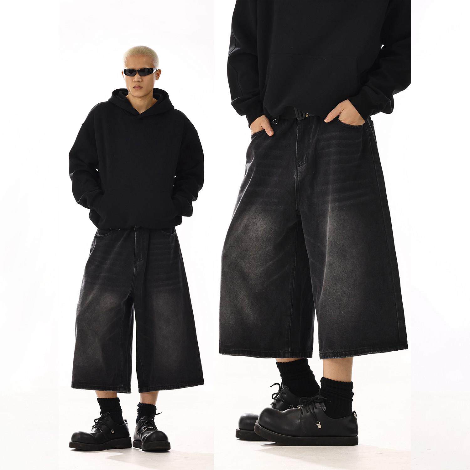 美式覆古黑色牛仔七分裤男女夏季新款街头宽松情侣直筒牛仔短裤子