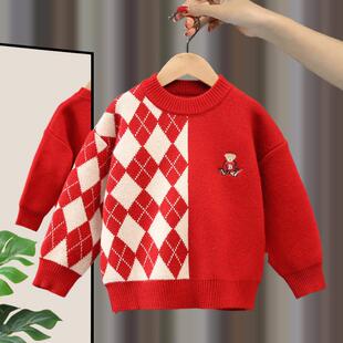 男童红色毛衣秋冬2023新款儿童加厚针织打底衫洋气宝宝男孩羊毛衫