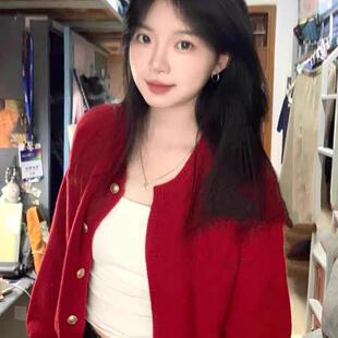 红色短款软糯毛衣开衫外套女2024早秋季新款宽松慵懒风针织衫上衣