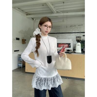 PPHOME半高领蕾丝花边长袖T恤女秋季白色内搭打底衫宽松叠穿上衣