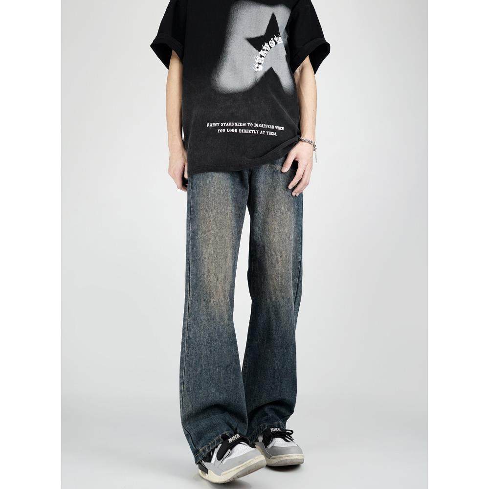 小柯美式高街复古蓝色微喇牛仔裤男款水洗宽松直筒修身长裤子