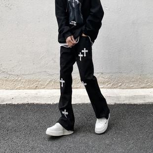 高街美式复古十字架黑色牛仔裤男潮牌痞帅嘻哈宽松微喇叭vibe裤子