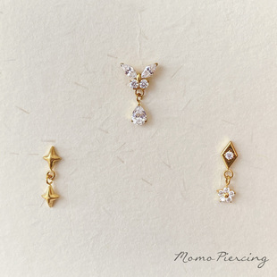 沫沫穿刺 镶钻超闪镀金吊坠钛合金耳骨钉百搭flat耳垂内螺旋免摘