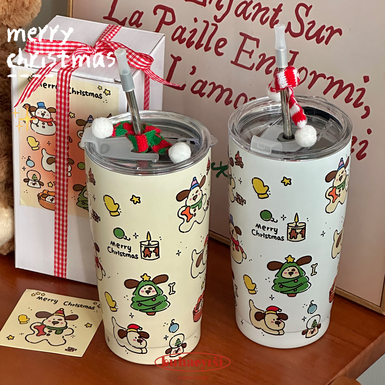 你的礼物～原创手绘小狗保温带盖吸管杯304不锈钢可爱小围巾圣诞