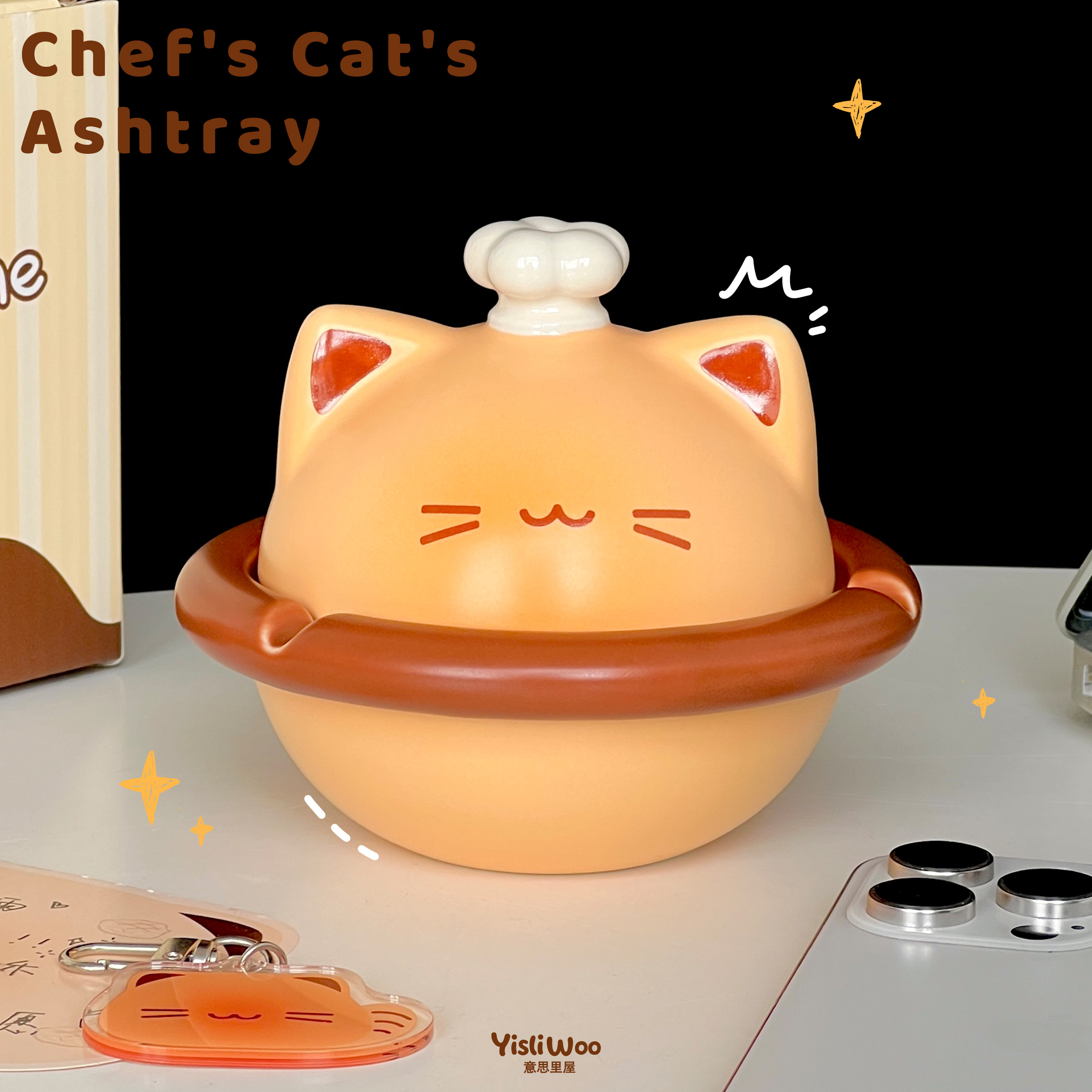 可爱面包小猫陶瓷烟灰缸带盖客厅茶几办公室烟缸桌面创意装饰摆件