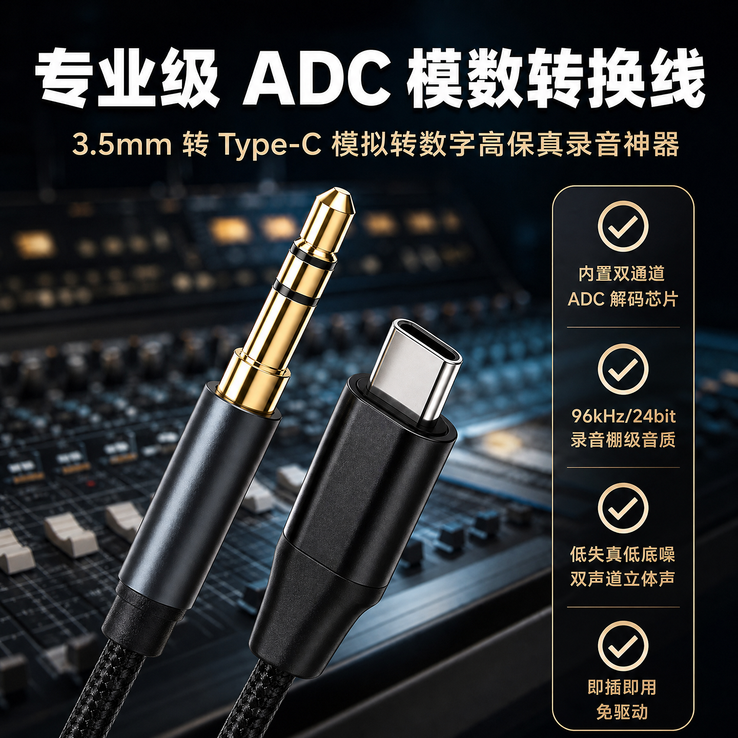 3.5mm转TYPEC数字转模拟ADC转换线CD音响麦克风转手机电脑对录线