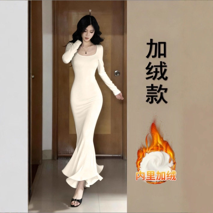 白色步步生莲鱼尾连衣裙女秋冬季加绒厚内搭打底包臀伯克利长裙子