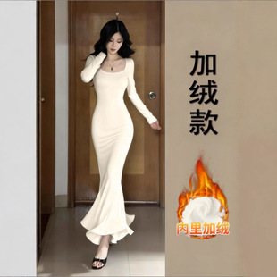 白色步步生莲鱼尾连衣裙女秋冬季加绒厚内搭打底包臀伯克利长裙子