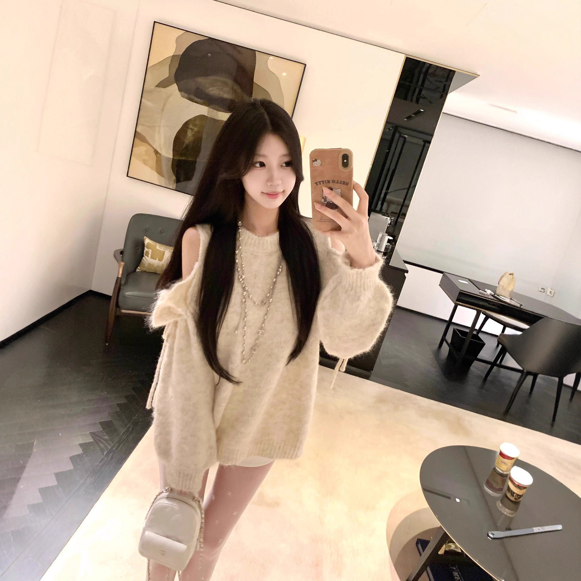 盘盘乖妹速成羊毛露肩抽褶系带针织衫女秋毛衣宽松氛围感上衣